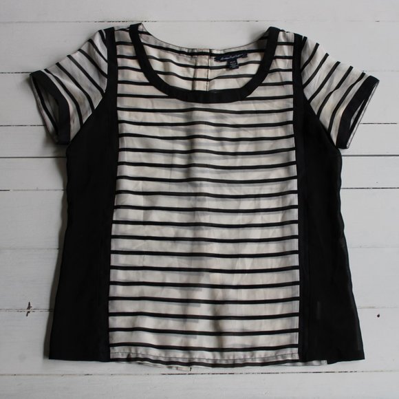 Sheer Black and White Stripe Short Sleeve Blouse - Picture 2 of 6